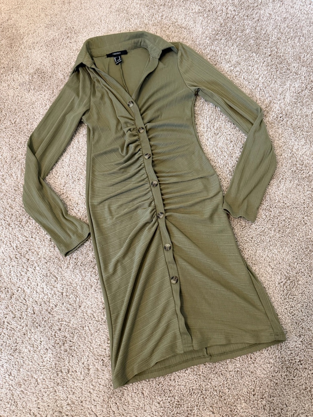 Forever 21 Olive Green Ruched Button-Down Midi Dress